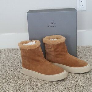 $495 Aquatalia Lavina Suede Weatherproof Ankle Platform Boot Faux Fur Beige 9.5